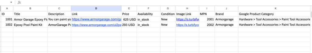 Here’s how your product data is managed in a spreadsheet for Google Ads