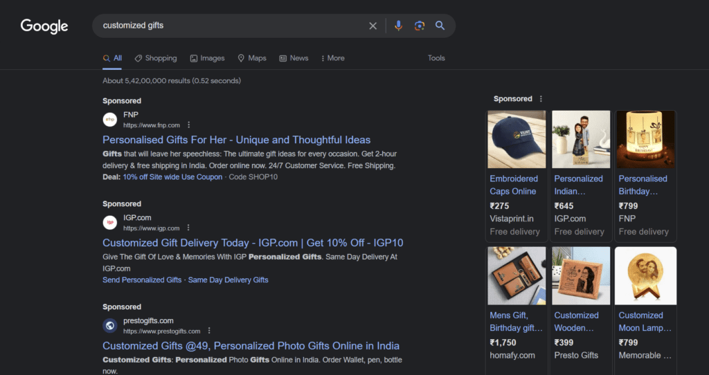 A screenshot of sponsored ads on Google on Desktop