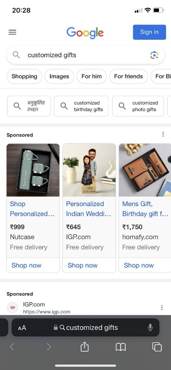 A screenshot of sponsored ads on Google on Mobile