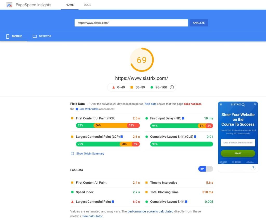 Google Pagespeed insights image