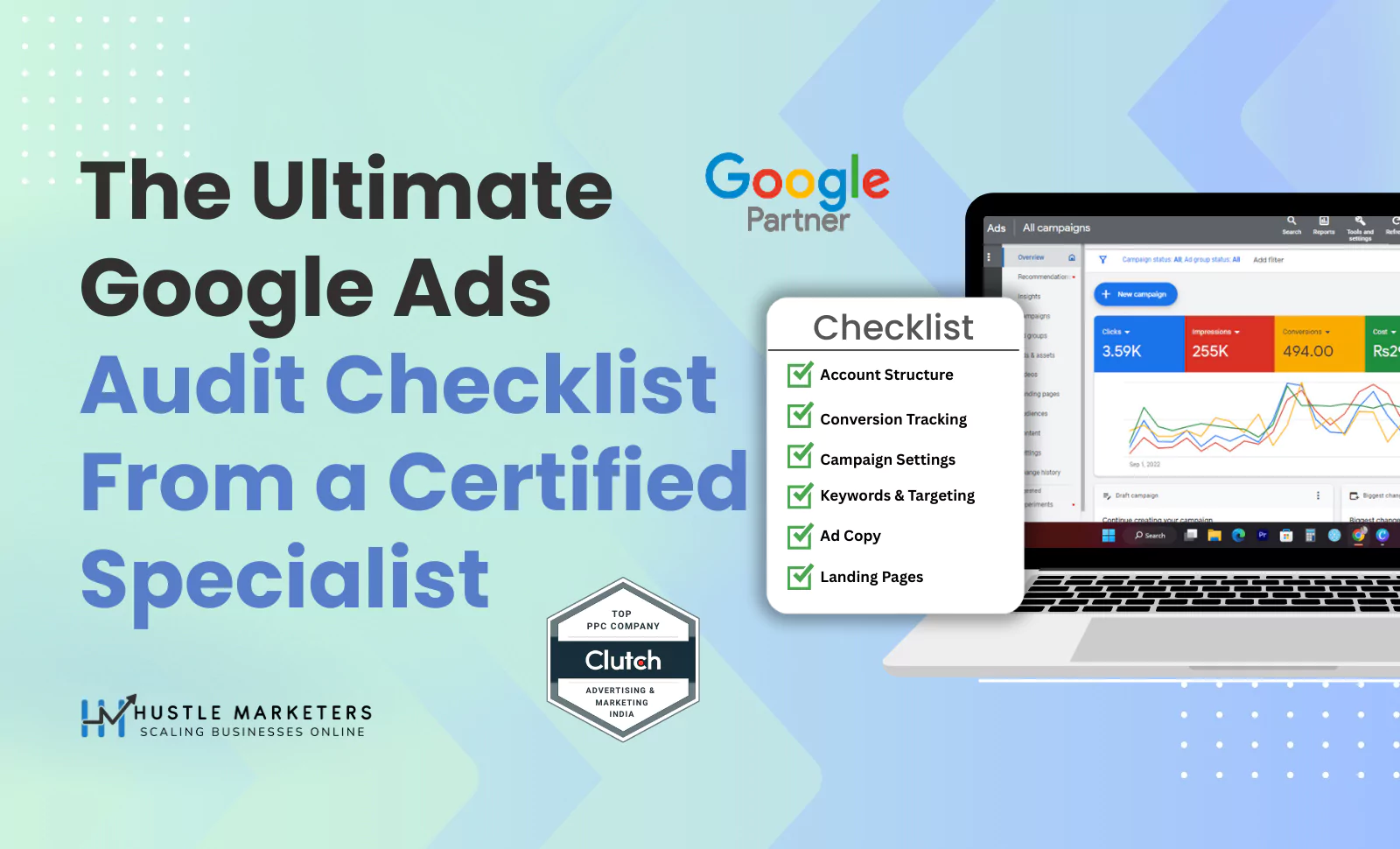 The Ultimate Google Ads Audit Checklist from a Certified Specialist showing a checklist of account structure, conversion tracking, campaign settings, keywords and targeting, ad copy, and landing pages by Hustle Marketers