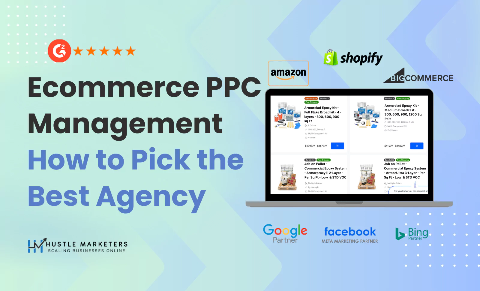 Ecommerce PPC management visual showing how to choose the best PPC agency with platforms like Amazon, Shopify, BigCommerce, and product ads on a laptop; includes Hustle Marketers with Google, Facebook, and Bing partner badges.