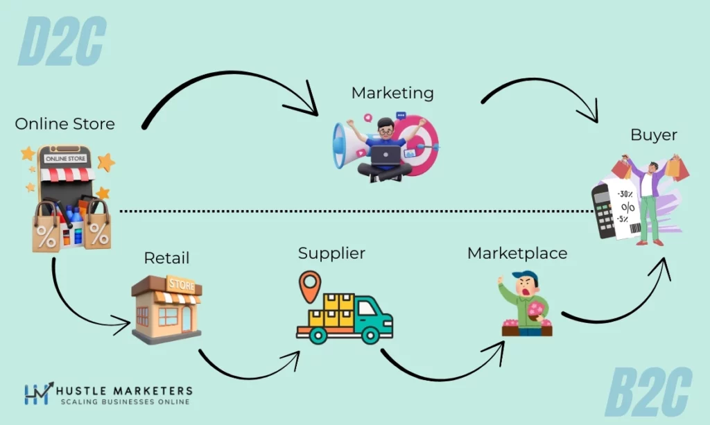 D2C vs B2C business model comparison by Hustle Marketers