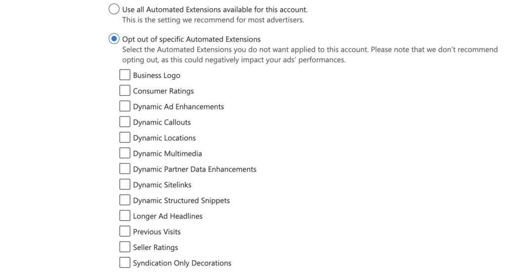Know about opt out concept in Manual vs Automated Extension in Microsoft Advertising