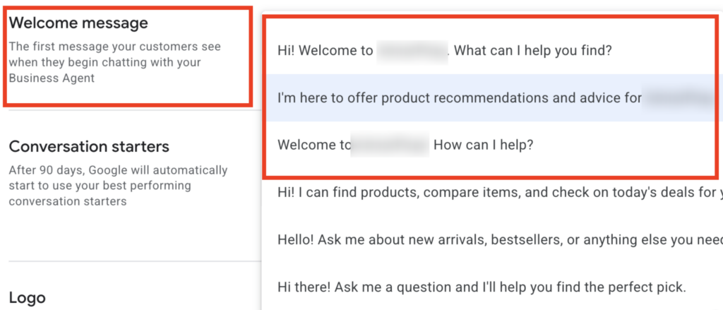 Business agent in Merchant Center welcome message