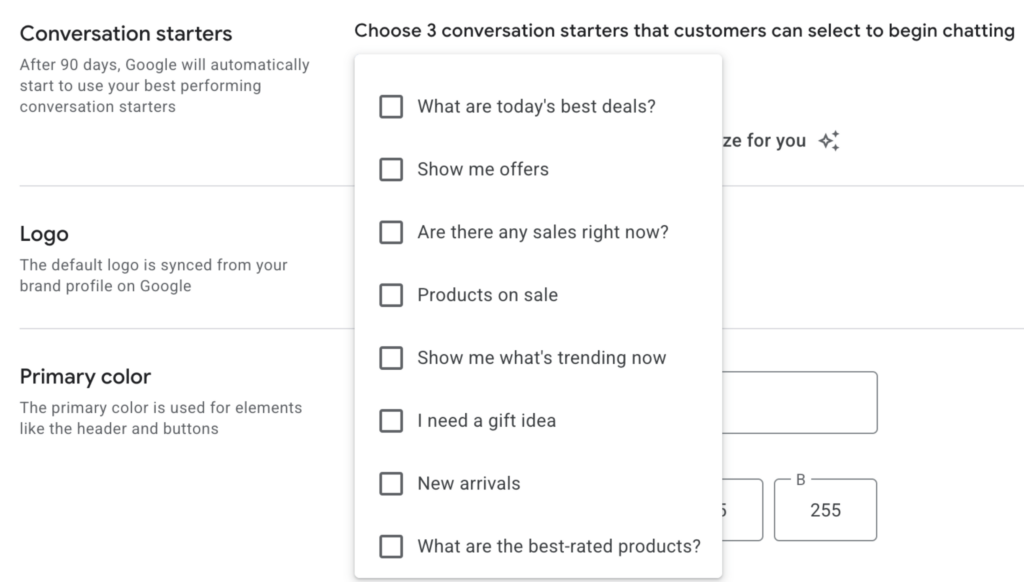Business Agent in Merchant Center conversation starters