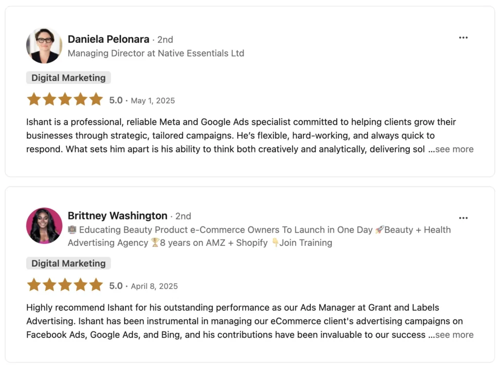 Recommendations on LinkedIn for Ishant Sharma as Freelance Ads Specialist.